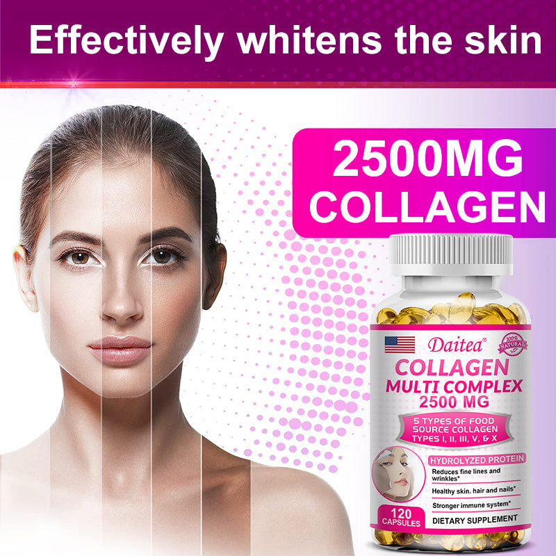 5-Type Collagen Complex 2500mg – Reduce Wrinkles, Support Skin Elasticity, Hair Growth & Joint Strength – 120 Capsules
