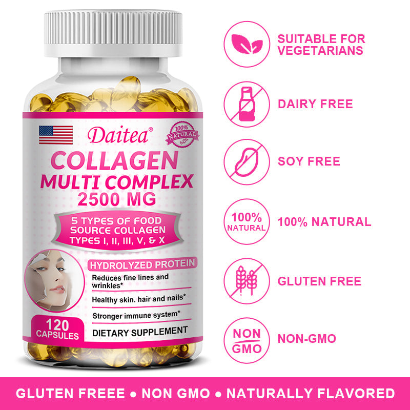 5-Type Collagen Complex 2500mg – Reduce Wrinkles, Support Skin Elasticity, Hair Growth & Joint Strength – 120 Capsules