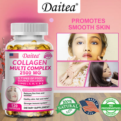 5-Type Collagen Complex 2500mg – Reduce Wrinkles, Support Skin Elasticity, Hair Growth & Joint Strength – 120 Capsules