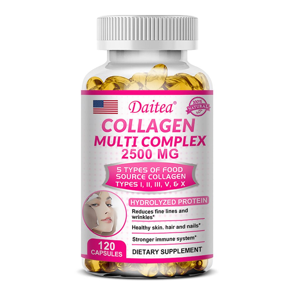 5-Type Collagen Complex 2500mg – Reduce Wrinkles, Support Skin Elasticity, Hair Growth & Joint Strength – 120 Capsules