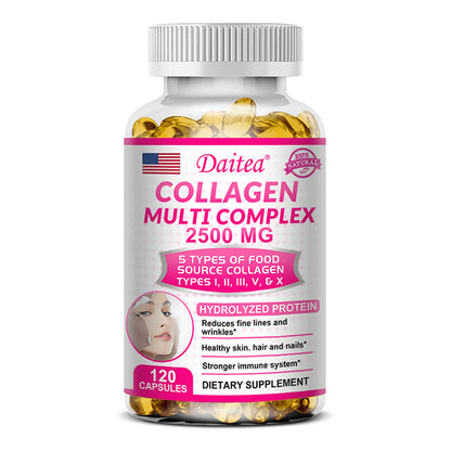 5-Type Collagen Complex 2500mg – Reduce Wrinkles, Support Skin Elasticity, Hair Growth & Joint Strength – 120 Capsules