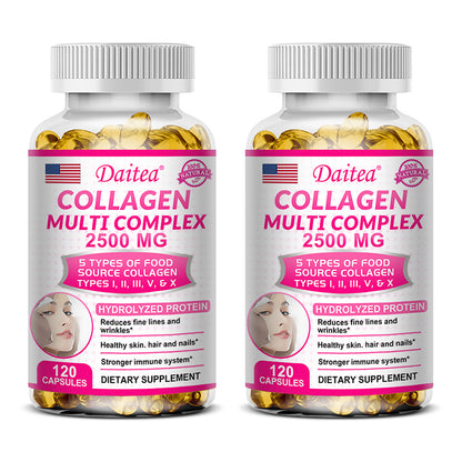 5-Type Collagen Complex 2500mg – Reduce Wrinkles, Support Skin Elasticity, Hair Growth & Joint Strength – 120 Capsules