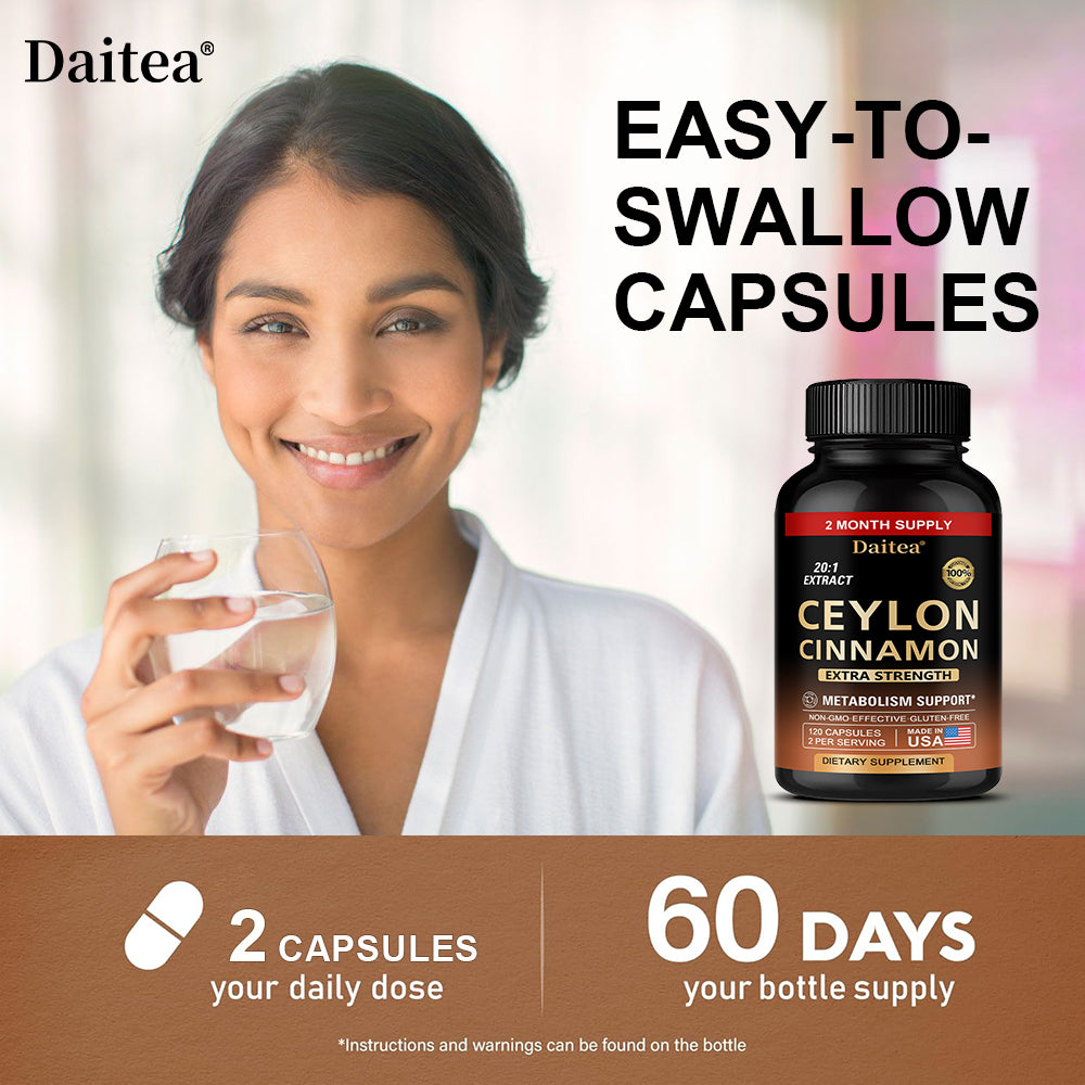 Daitea® Ceylon Cinnamon 20:1 Extract Capsules – Extra Strength Metabolism & Blood Sugar Support Supplement (120 Capsules)