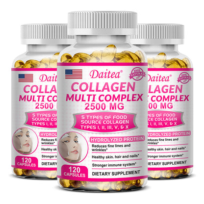 5-Type Collagen Complex 2500mg – Reduce Wrinkles, Support Skin Elasticity, Hair Growth & Joint Strength – 120 Capsules