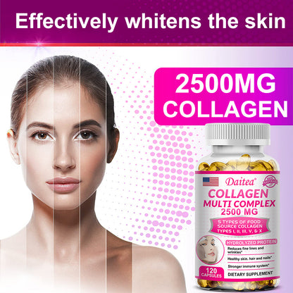 5-Type Collagen Complex 2500mg – Reduce Wrinkles, Support Skin Elasticity, Hair Growth & Joint Strength – 120 Capsules