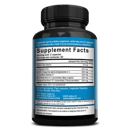 Daitea L-Arginine & Tribulus Performance Support | Energy, Stamina & Workout Pump | 120 Capsules