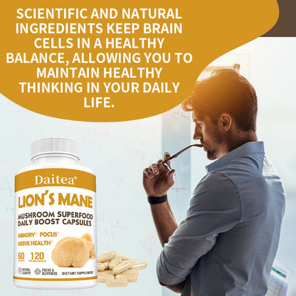 Daitea® Lion's Mane Mushroom Superfood | Daily Boost Capsules for Memory, Focus & Nerve Health
