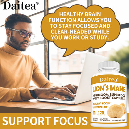 Daitea® Lion's Mane Mushroom Superfood | Daily Boost Capsules for Memory, Focus & Nerve Health