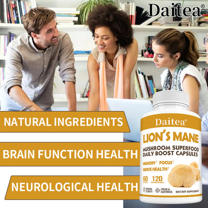 Daitea® Lion's Mane Mushroom Superfood | Daily Boost Capsules for Memory, Focus & Nerve Health