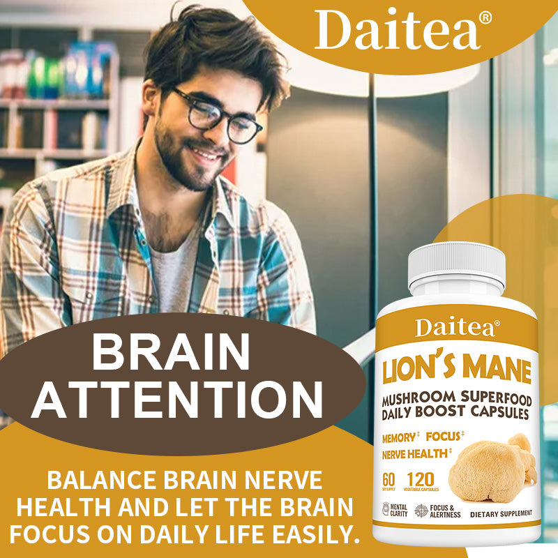 Daitea® Lion's Mane Mushroom Superfood | Daily Boost Capsules for Memory, Focus & Nerve Health