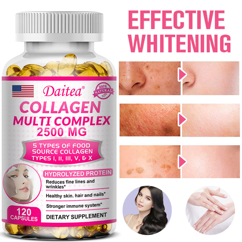 5-Type Collagen Complex 2500mg – Reduce Wrinkles, Support Skin Elasticity, Hair Growth & Joint Strength – 120 Capsules