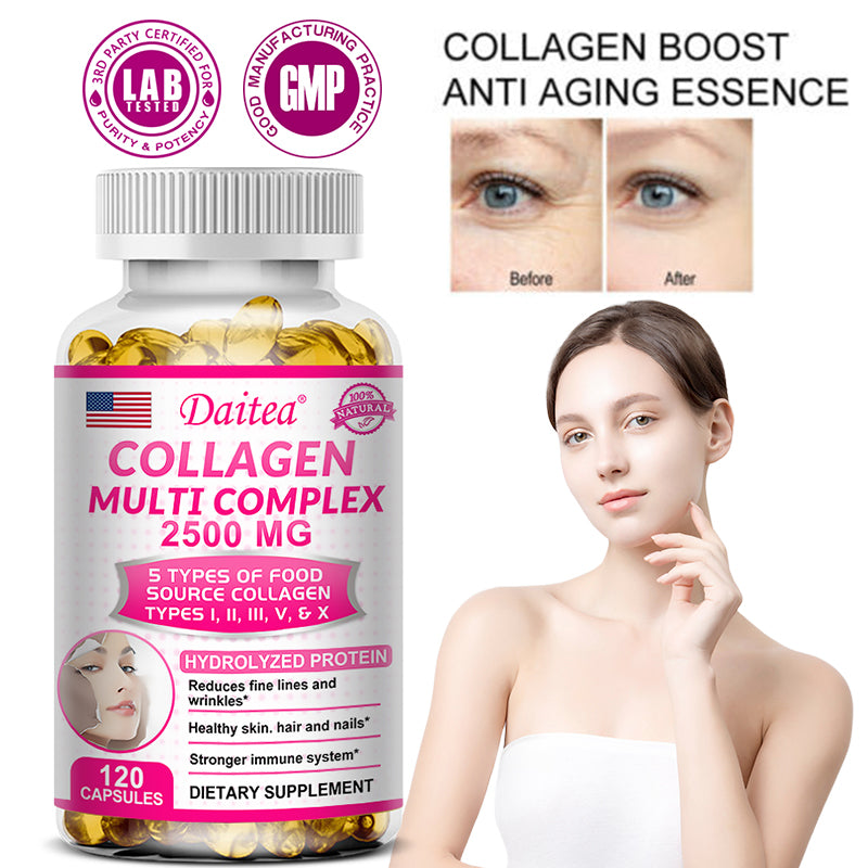 5-Type Collagen Complex 2500mg – Reduce Wrinkles, Support Skin Elasticity, Hair Growth & Joint Strength – 120 Capsules