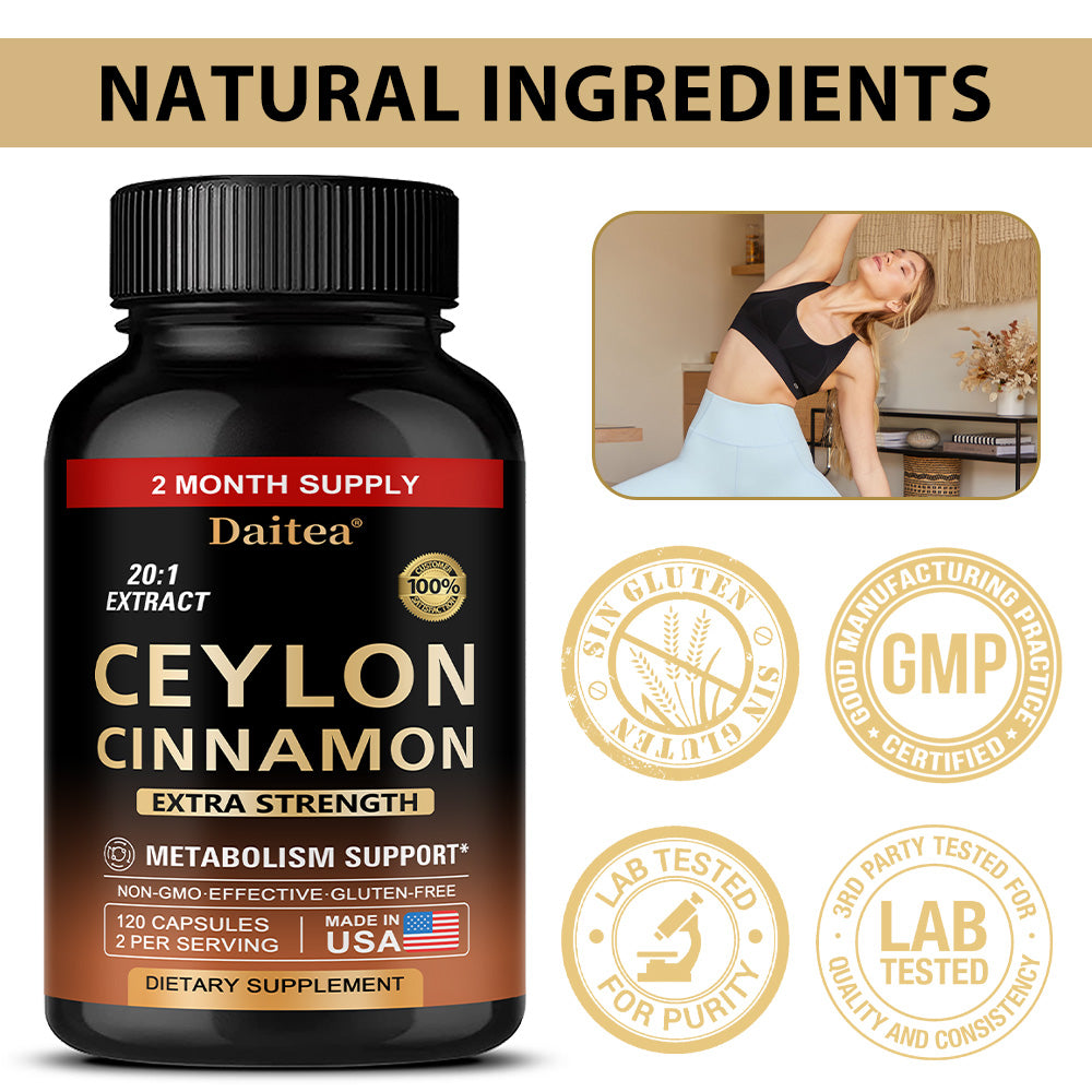 Daitea® Ceylon Cinnamon 20:1 Extract Capsules – Extra Strength Metabolism & Blood Sugar Support Supplement (120 Capsules)