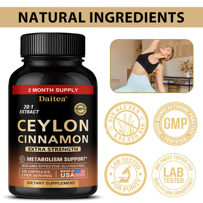 Daitea® Ceylon Cinnamon 20:1 Extract Capsules – Extra Strength Metabolism & Blood Sugar Support Supplement (120 Capsules)