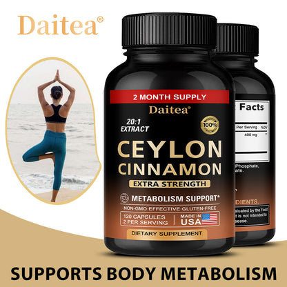 Daitea® Ceylon Cinnamon 20:1 Extract Capsules – Extra Strength Metabolism & Blood Sugar Support Supplement (120 Capsules)